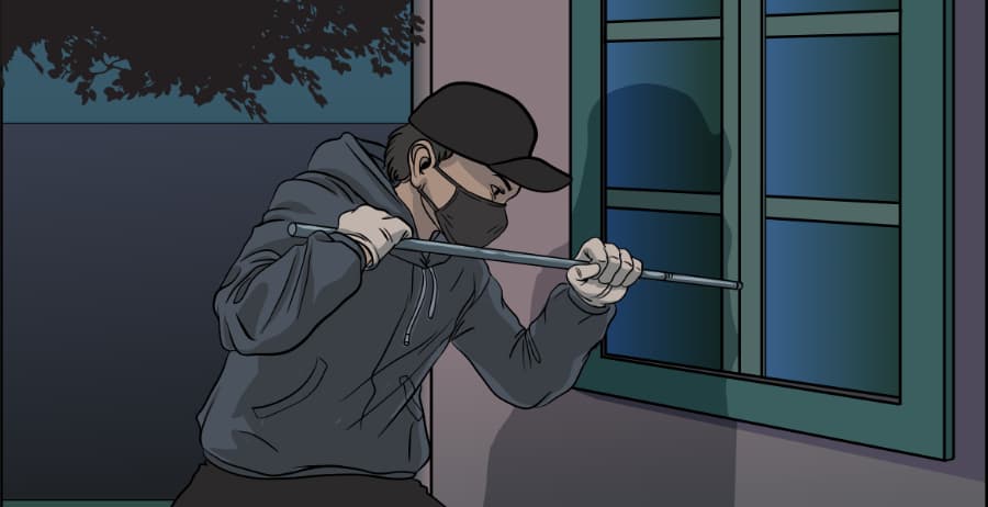 Illustration of burglar forcing entry through a window in Washington, DC